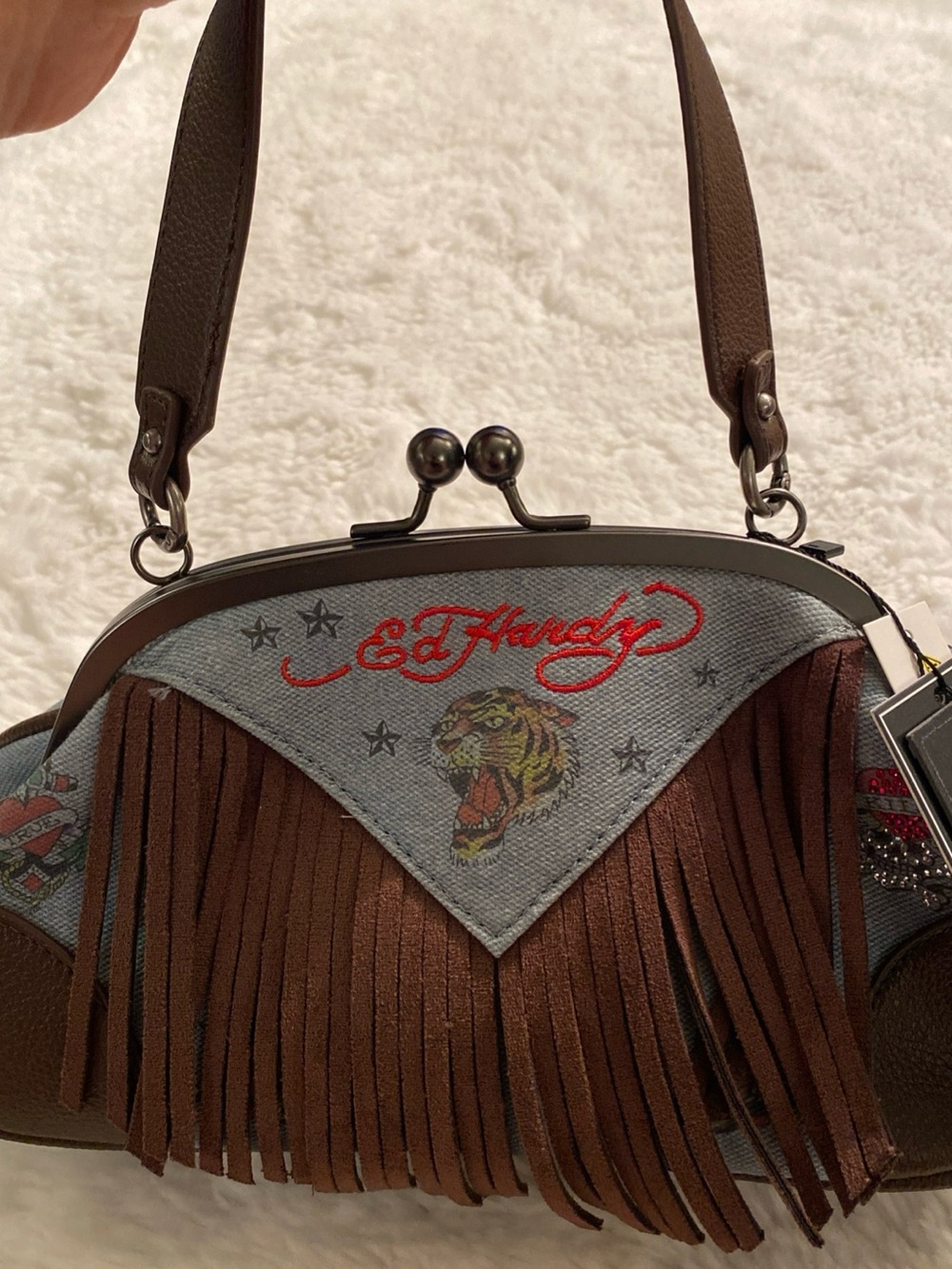 Y2K Grunge Ed Hardy Denim Fringe Kiss Lock Handbag Tattoo Print Tiger Logo
